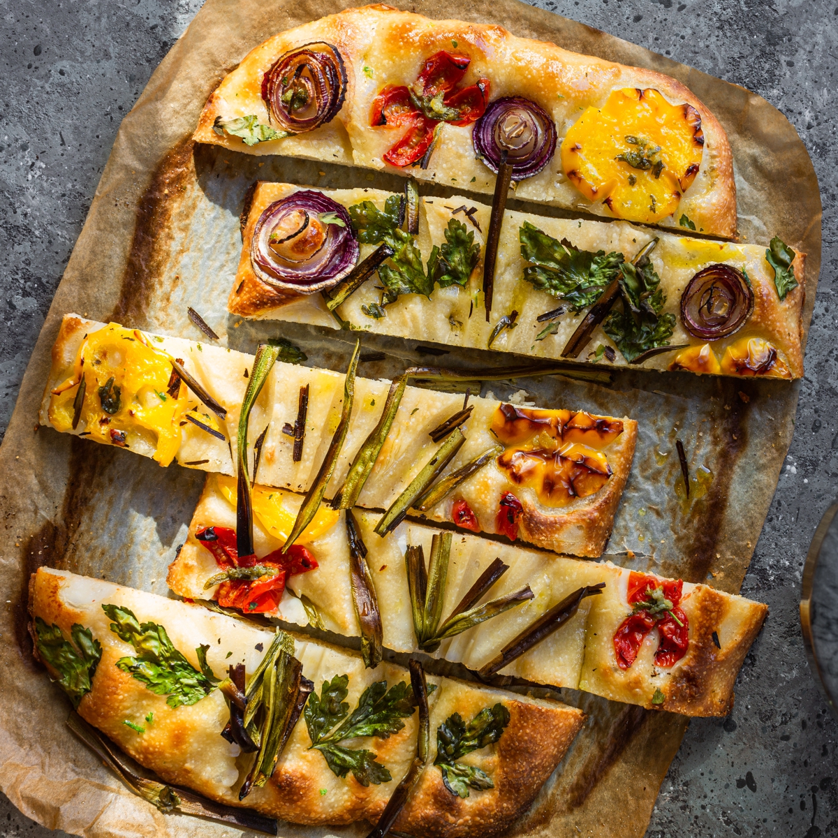 focaccia bread with flowers and herbs