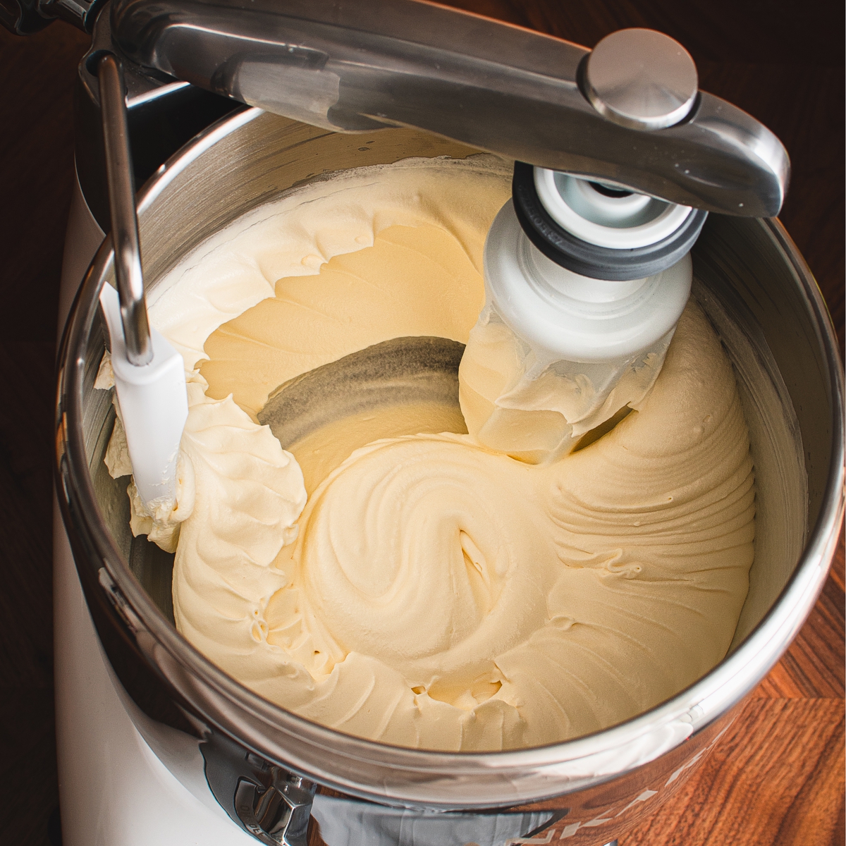 Creamed butter in Ankarsrum stainless bowl