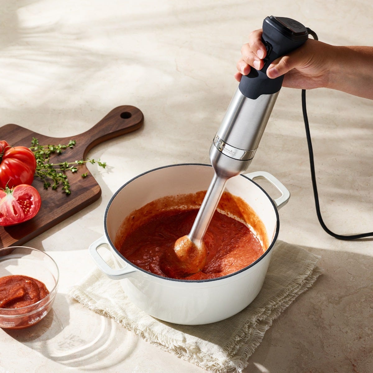 Vitamix immersion blender making tomato soup