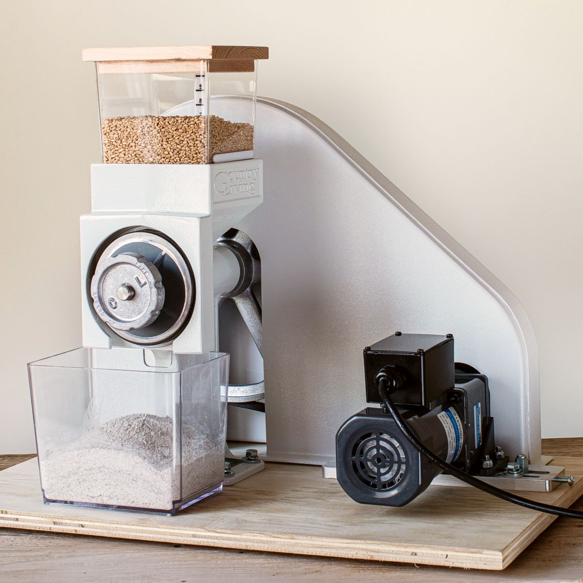 CLM motor drive kit with optional hopper extension, lid and flour bin.