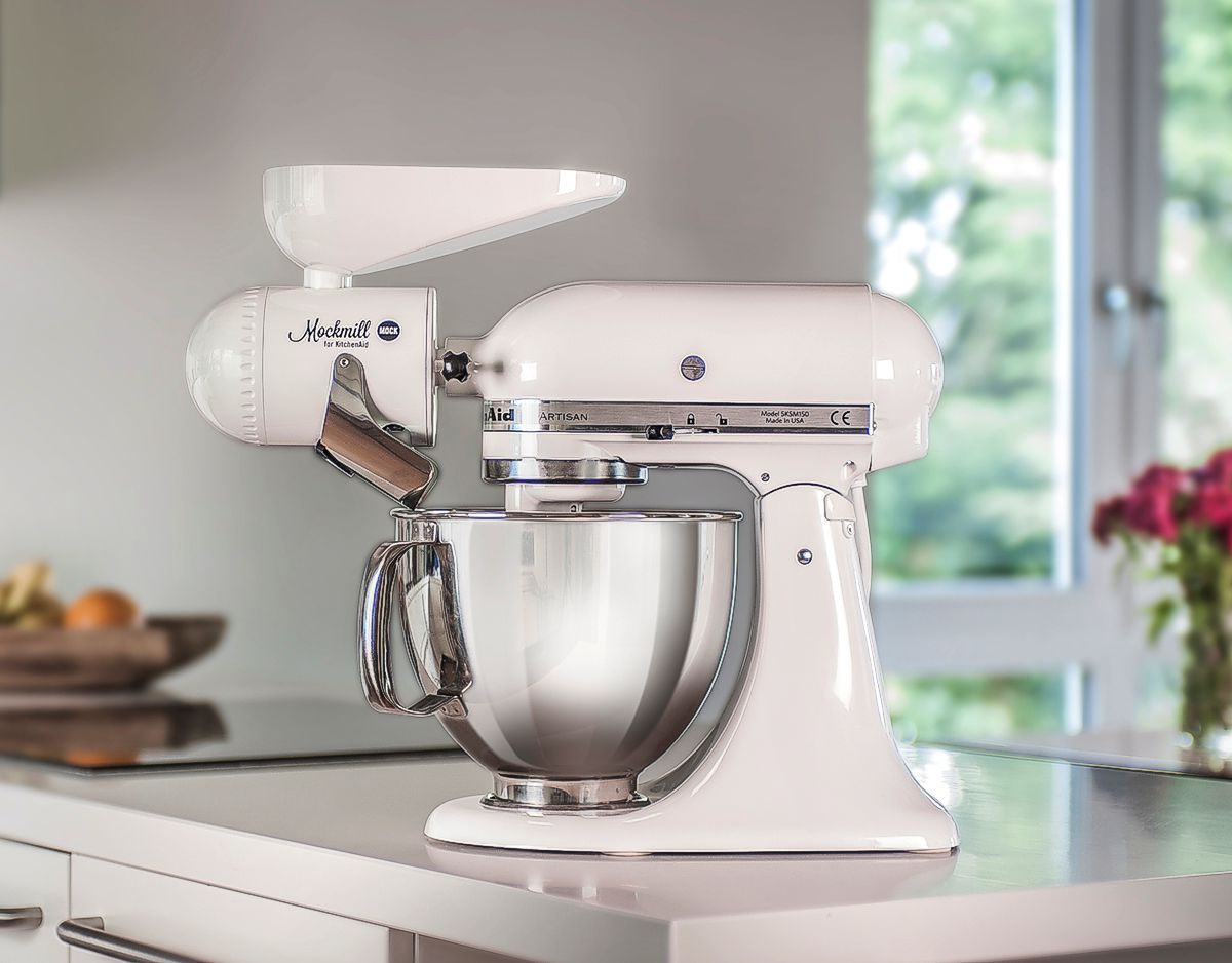Mock mill grain mill attachment on KitchenAid mixer