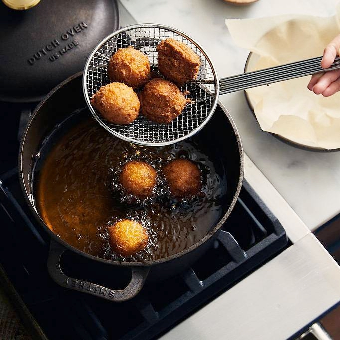 Fritters frying in 3.5 quart Dutch oven