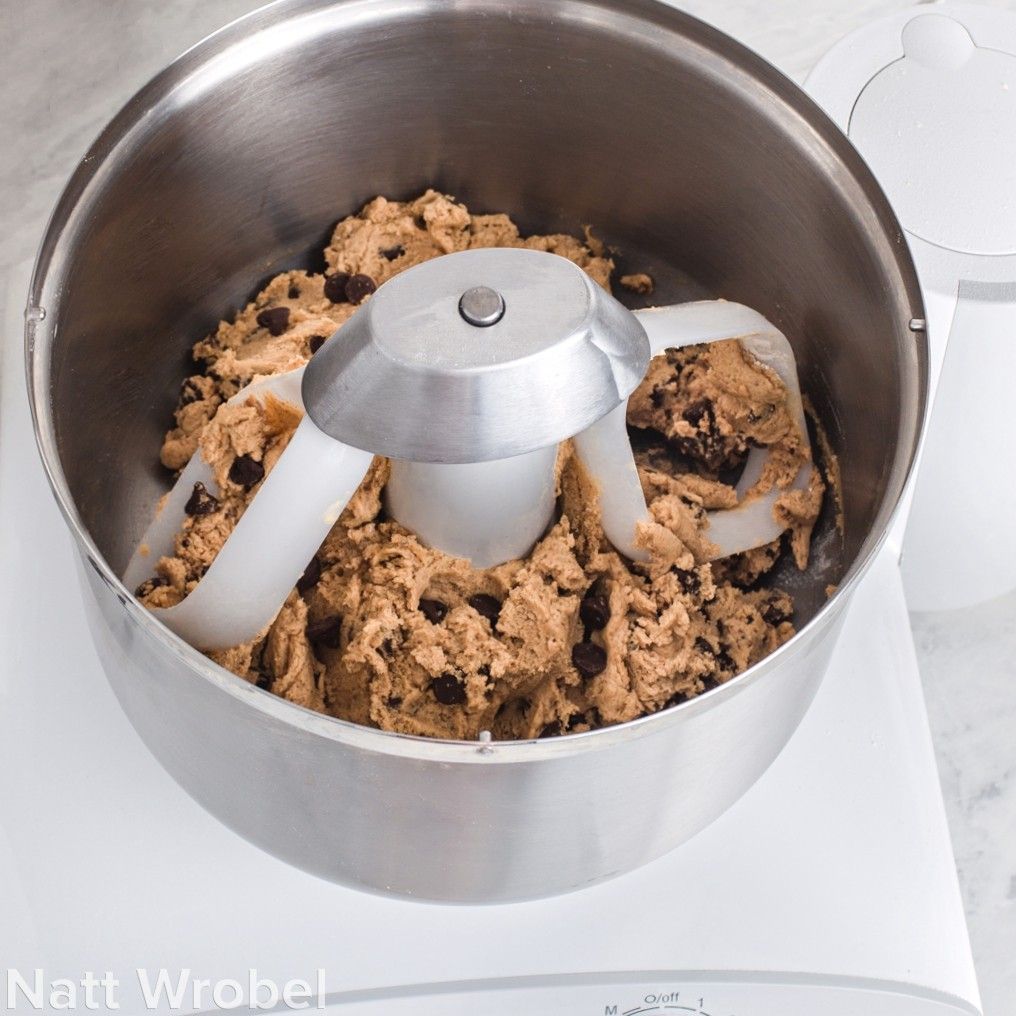 Chocolate chip cookie dough in Bosch Universal Plus stainless bowl