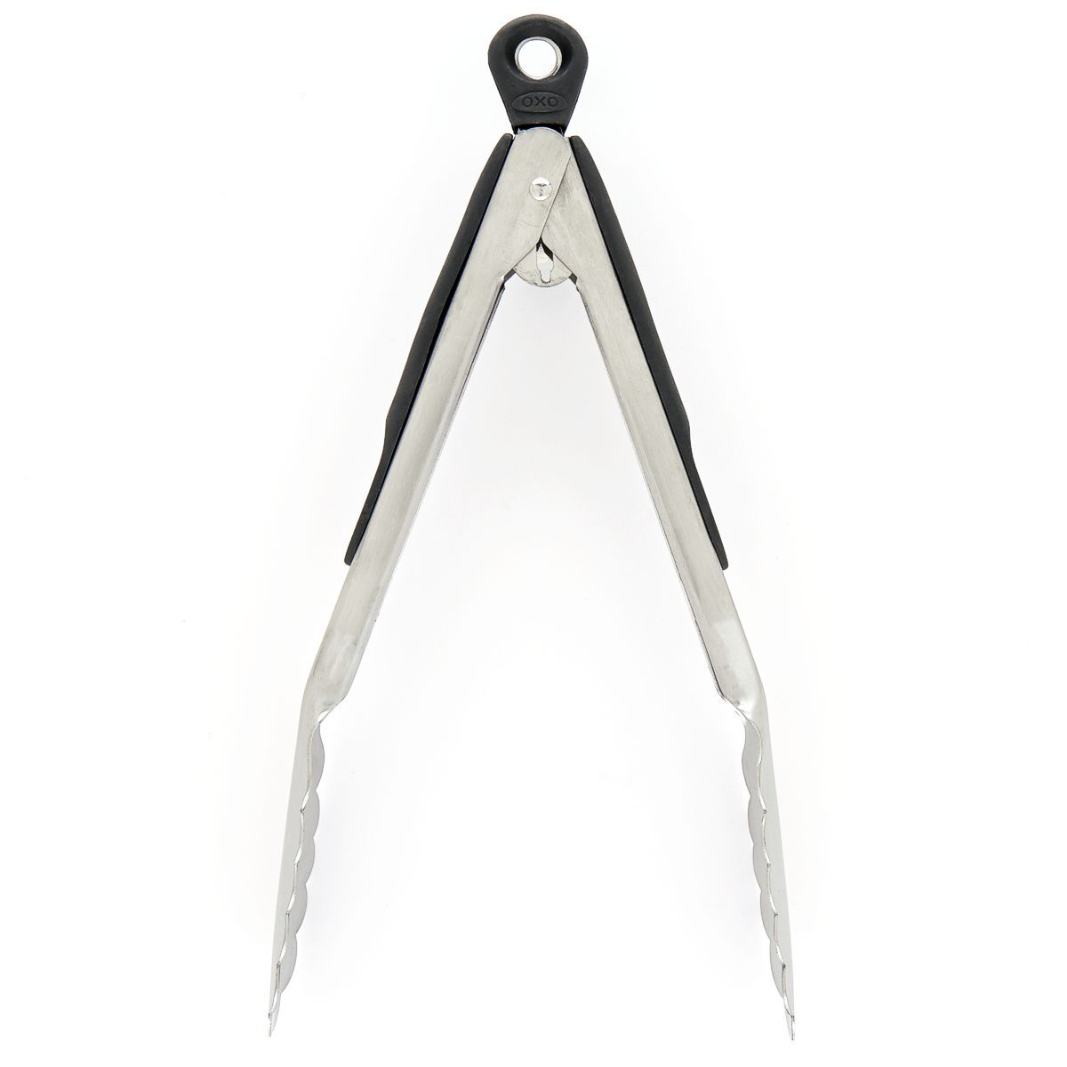 OXO Good Grips 9 inch stainless steel locking tongs in open position.