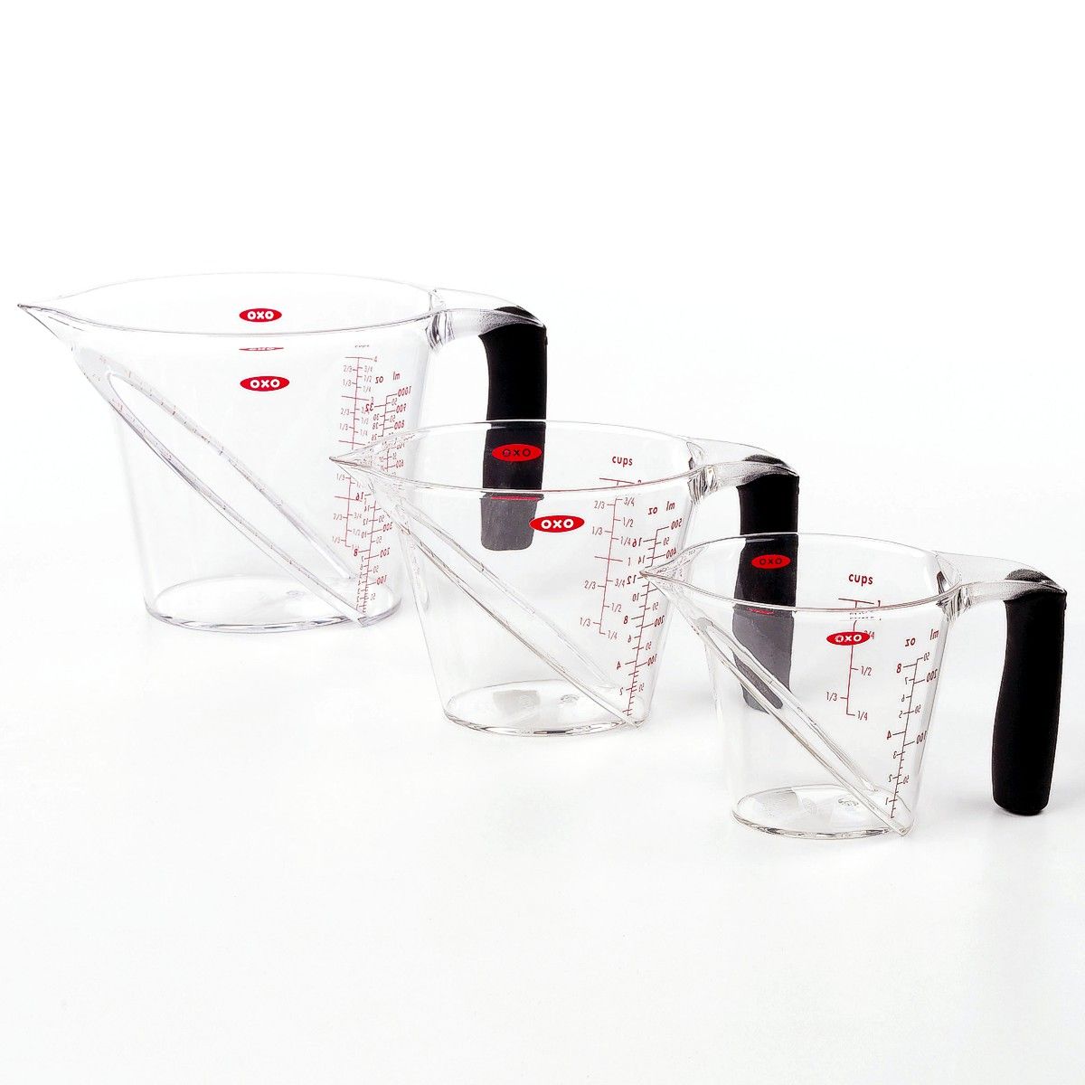 OXO Good Grips 3 piece angled measuring cup sizes.