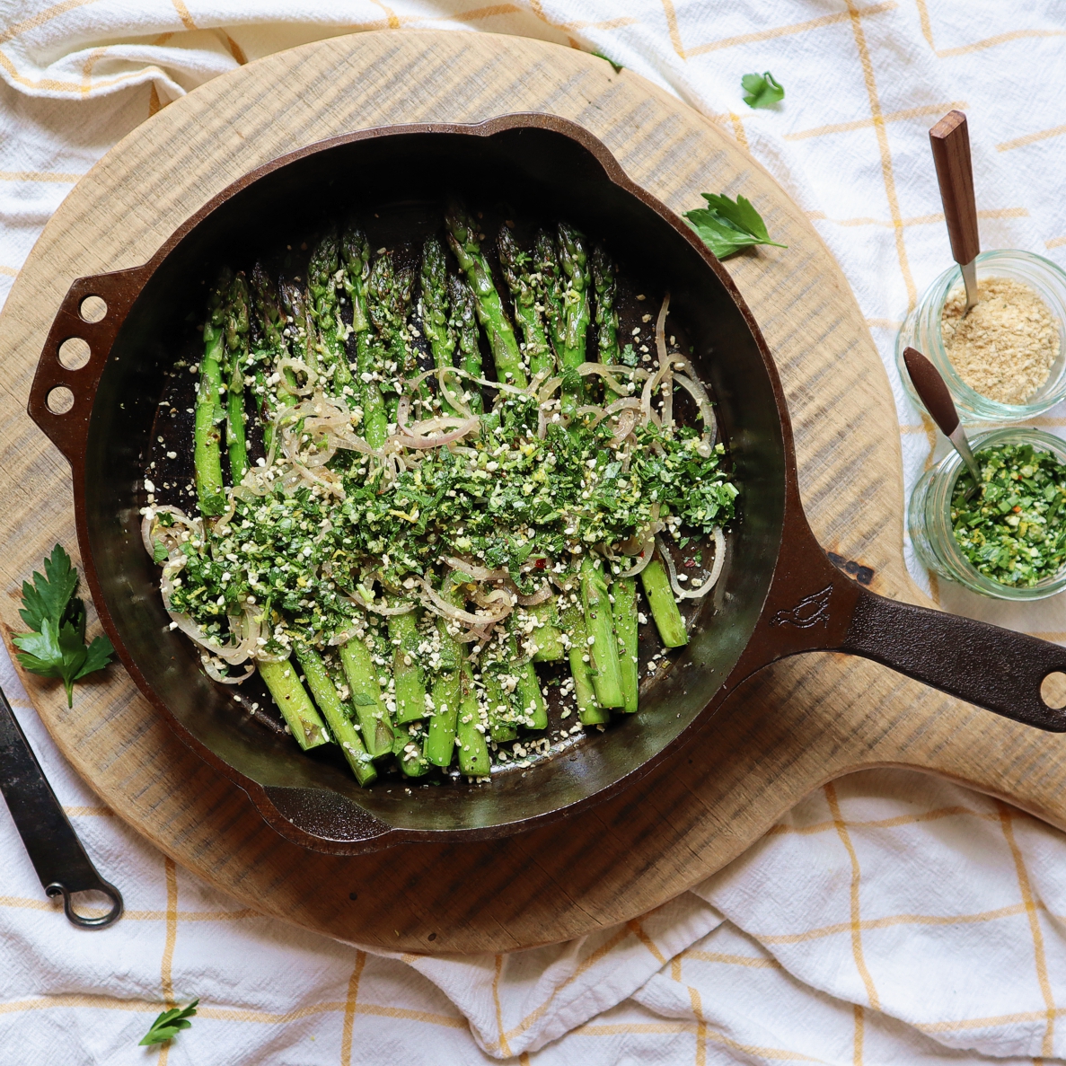 Cast iron skillet with prepared asparagus