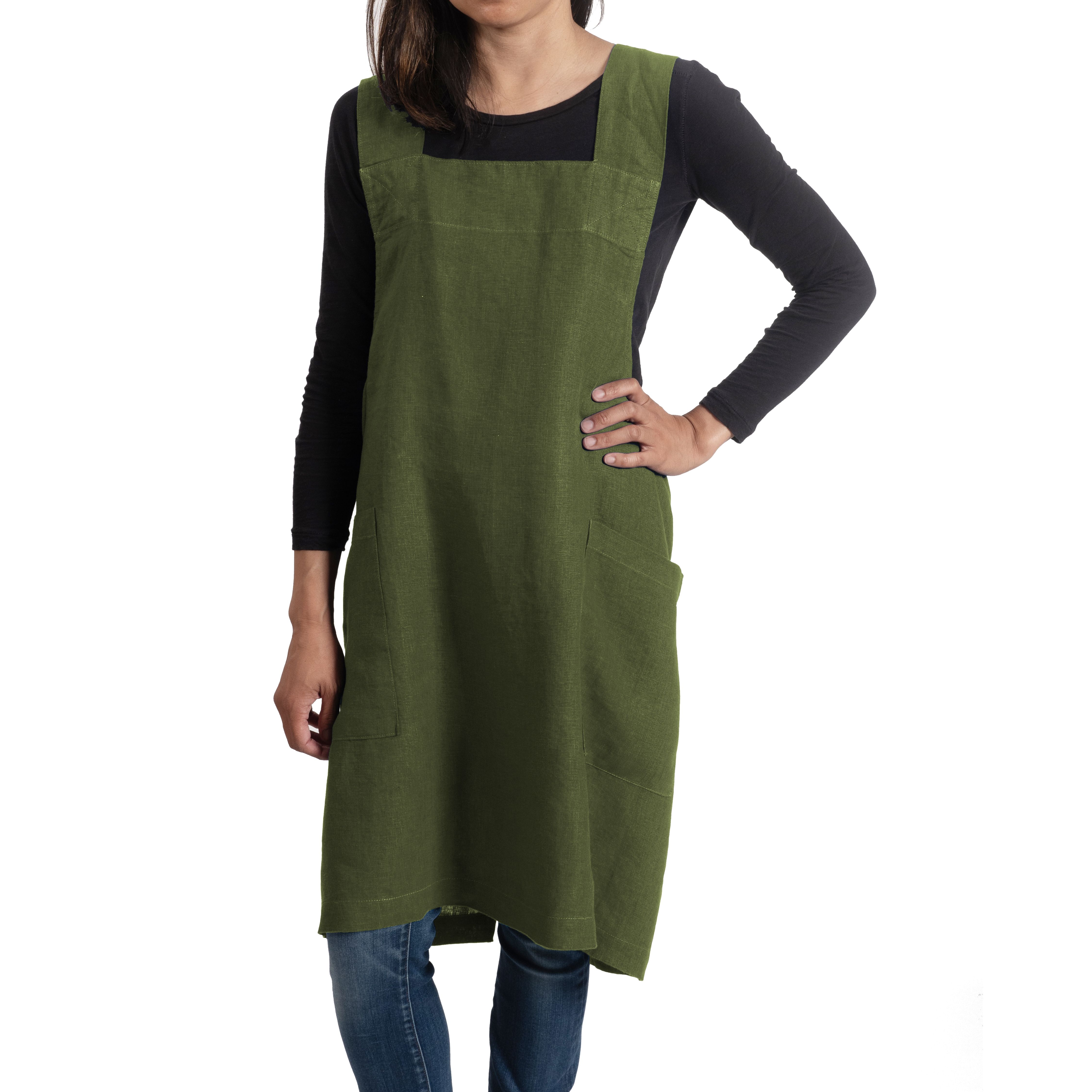 Firenze Linen Smock Apron, Olive front