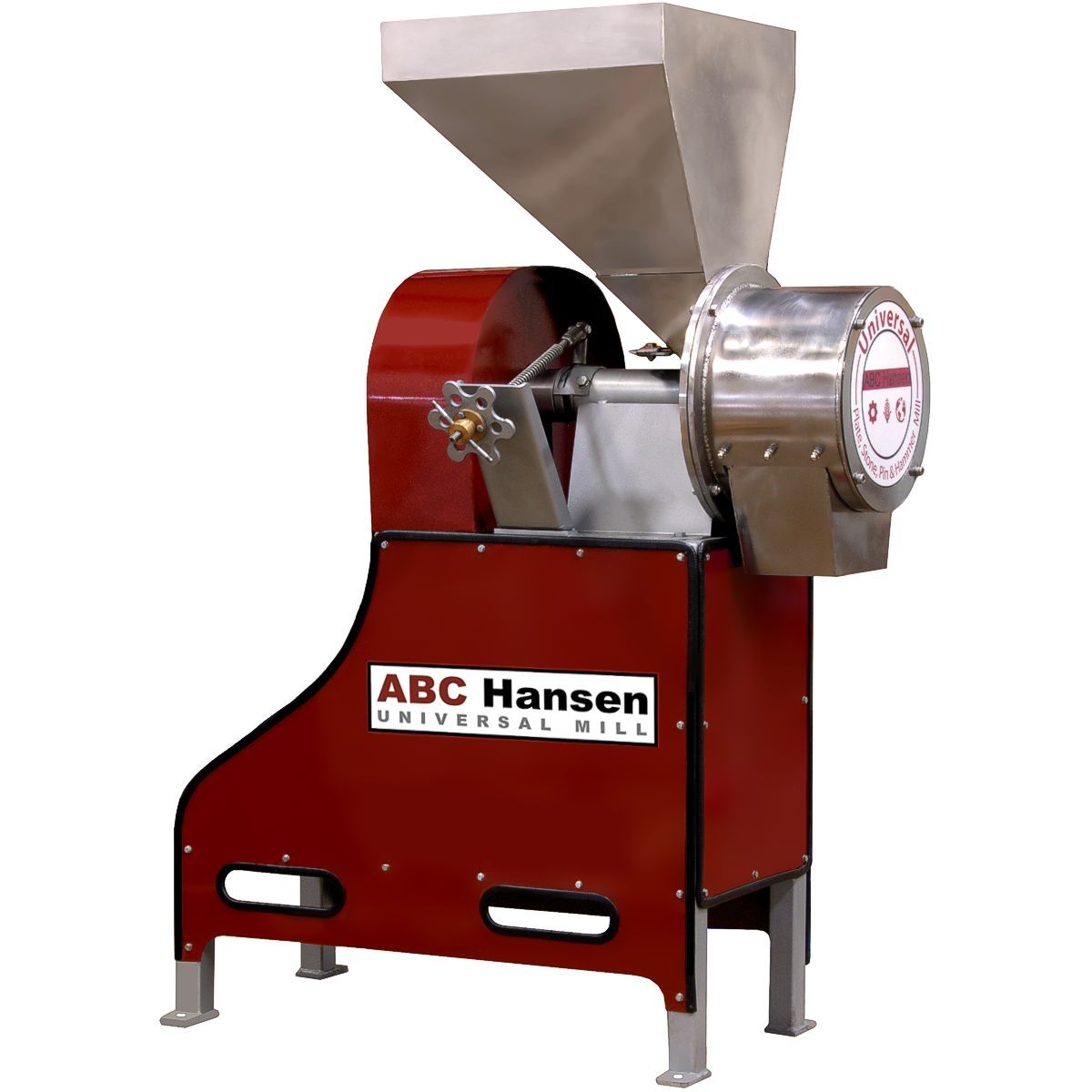The ABC Hansen disc mill, grinder, plate grinder, right front view.
