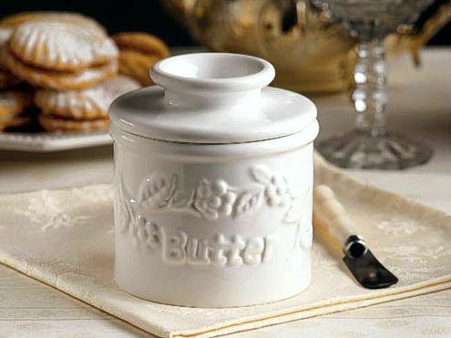 butter bell, raised, white, floral, butter keeper, butter crock