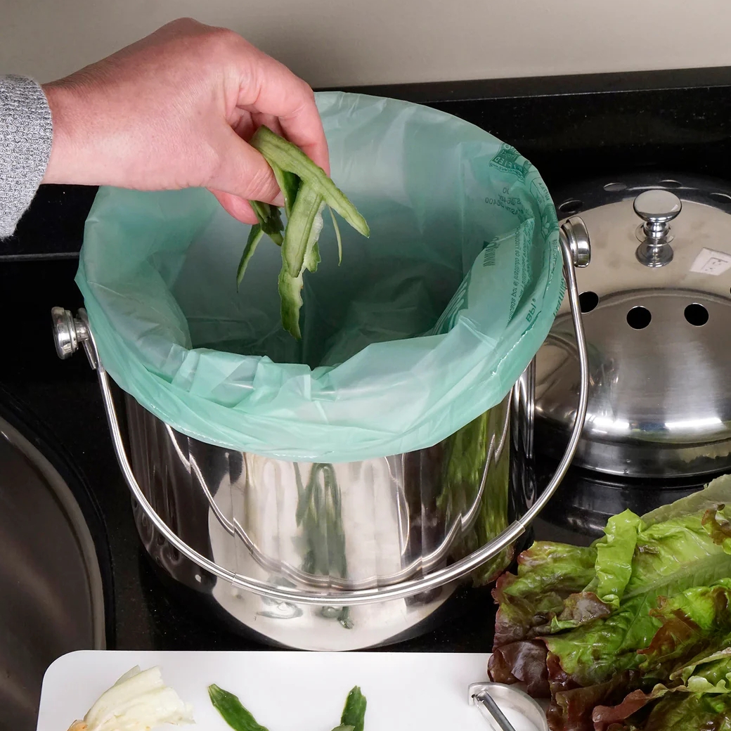 rsvp stainless compost pail x-large shown with liner