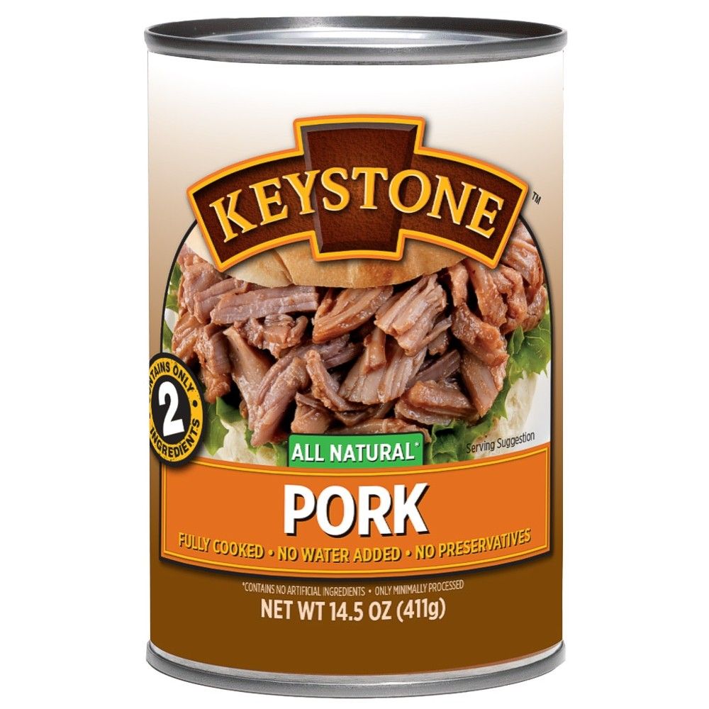Keystone canned pork chunks with no water added. 14.5 ounce can.