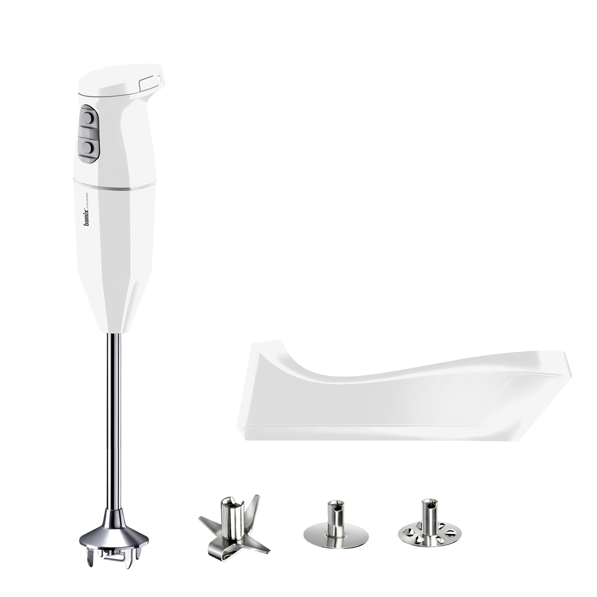 White Bamix Cordless blender with included blades and charging station