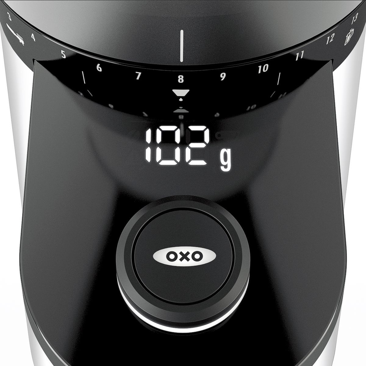 OXO ON conical burr coffee grinder digital control screen with measurement unit displays.